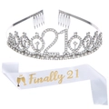 Set corona di cristallo e fascia in raso bianco Finally 21 per festa di 21esimo compleanno - Taglia unica / Corona d'Argento + Fascia Bianca