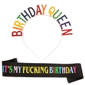 Birthday Queen colorful metal headband and black satin sash set for party celebration - Birthday Queen Headband + Black Sash (fg098+jd005)