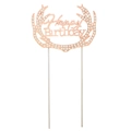 Rose gold antler Happy Birthday cake topper with white rhinestones on white background - Rose Gold