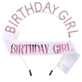 Birthday Girl party set with pink rhinestone tiara and white satin sash with rose gold text - White Pink Set
