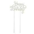 Glitzernder Happy Birthday Tortenstecker mit silbernen Strasssteinen und Metallfüßen - Silber