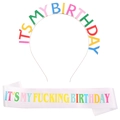 Rainbow 'It's My Birthday' metal headband and white satin sash party decoration set - It's My Birthday Headband + White Sash (fg102+jd005)