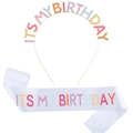 Set cerchietto colorato IT'S MY BIRTHDAY e fascia in raso bianco per compleanno - Taglia unica / Base Bianca Colore Macaron