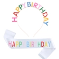 Rainbow Happy Birthday headband with matching white satin sash for party celebrations - One Size / White with Multicolor