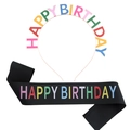 Colorful Happy Birthday headband set with black satin sash and metallic gold tiara - One Size / Black Base Colorful