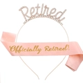 Pink satin sash with gold Officially Retired text and rose gold rhinestone tiara set - Rose Gold Headband + Champagne Sash Gold Letters