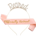 Pink retired party sash and crystal headband set for retirement celebrations - Gold Headband + Champagne Sash Gold Letters