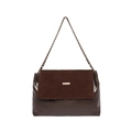 Retro dark brown patchwork chain shoulder bag with suede flap and metal logo plaque - Coffee