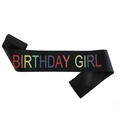 Black birthday girl sash with colorful rainbow text for party decorations and celebrations - Black Multicolor (JD043)