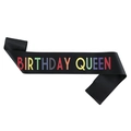 Elegant black satin Birthday Queen sash with vibrant rainbow colored lettering - Black Multicolor (JD044)