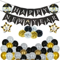 Happy New Year party set with black gold banners, foil balloons and latex confetti balloons - Silver New Year Decoration Set Without Headband