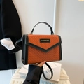 Chic orange and black color-block woven crossbody bag with top handle and fashion logo - Brown