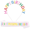 Rainbow birthday girl headband with white satin ribbon sash for party celebrations - White FG107 (HAPPY BIRTHDAY)