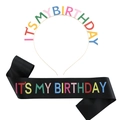 Set compleanno con cerchietto dorato e fascia nera con scritte colorate glitter - Taglia unica / Nero con Stile Multicolore Uno