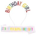 Birthday party set featuring colorful birthday girl headband and white satin sash - White Sash FG097 (BIRTHDAY GIRL)