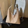 Beige woven texture hobo tote bag with spacious interior and wide shoulder strap - Khaki
