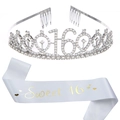 Tiara Sweet 16 argento con strass e fascia in raso bianco per festa di 16 anni - Argento + Raso Bianco Testo Dorato