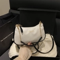 Chic beige and black textured leather underarm bag with gold chain and strap in a gift box - No Pendant / White