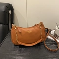Brown lychee grain leather shoulder bag with gold chain strap and elegant pendant detail - No Pendant / Brown