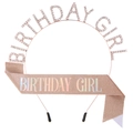 Detail of rose gold BIRTHDAY GIRL rhinestone headband and matching glitter sash set - Rose Gold Rainbow