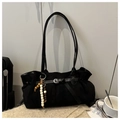 Black suede tote bag with long handles and colorful beaded pendant charm - Black With Pendant