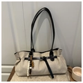 Minimalist beige suede tote bag with black straps and decorative wooden beads - Khaki With Pendant