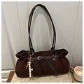Dark brown suede tote bag with wooden bead pendant and silver buckle detail - Coffee with Pendant
