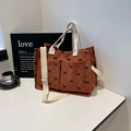 Caramel corduroy tote bag with bow print, dual pockets and canvas shoulder strap - Brown