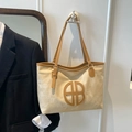 Grote beige draagtas met bruine lederen bies en cirkelvormig logo-detail - Khaki Bruin
