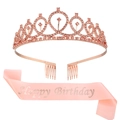 Coffret écharpe Happy Birthday en satin rose et diadème couronne en or rose strass - Or Rose (HG011+JD009)