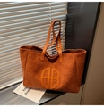 Brown suede leather tote bag with large capacity and round logo patch for winter - Brown