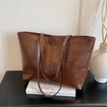 Retro dark brown wax leather tote bag with large capacity and double thin straps - Coffee (No Pendant)