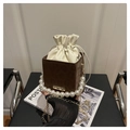 Brown leopard print bucket bag with elegant pearl handle and gold chain strap - Brown