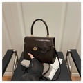 Detail einer dunkelbraunen Lackledertasche mit goldenem Vintage-Drehverschluss - Kaffeebraun