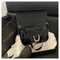 Classic black patent leather shoulder bag with glossy finish and gold U-shaped metal buckle - Black