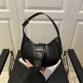 Minimalist black PU leather hobo shoulder bag with stylish decorative belt buckle - Black