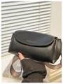 Black matte pillow bag with wide geometric strap and golden logo text for women - Basic Style / Black
