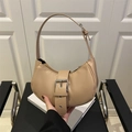 Chic beige crescent underarm bag with decorative silver buckle strap and smooth texture - Khaki