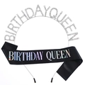 Dettaglio del cerchietto con strass Birthday Queen argento e fascia nera olografica - Raso Nero Olografico