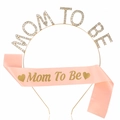 Baby Shower Mom To Be set with gold rhinestone headband and pink satin sash - Gold Headband And Champagne Sash