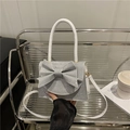 Silver rhinestone square handbag with double bow and adjustable shoulder strap - Silver
