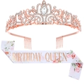 Rose gold crystal crown and white Birthday Queen sash set for birthday parties - Birthday Queen Printed