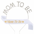 Detailed view of Mom To Be set with crystal headband and gold printed white satin sash - Silver Headband + White Sash with Gold Text