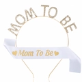 Mom To Be baby shower set with golden crystal headband and white satin sash with gold letters - Gold Tiara + White Sash