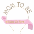 Pink Mom To Be satin sash and gold rhinestone headband set for baby shower parties - Gold Tiara + Pink Sash