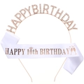 Detail of rose gold 10th birthday tiara and white satin sash with gold lettering - Rose Gold 10th