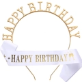 Kit d'anniversaire avec serre-tête doré en alliage et écharpe en satin blanc avec dorures - Satin HAPPY BIRTHDAY / Blanc avec Impression Or