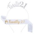 Kit Anniversaire Finally 21 avec Diadème Argenté et Écharpe en Satin Blanc et Or - Or + Base Blanche (fg090 Or + JD012 Base Blanche Lettrage Doré)