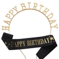 Set de serre-tête doré Happy Birthday et écharpe en satin noir pour décoration de fête - Satin HAPPY BIRTHDAY / Noir avec texte doré