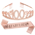 Roségouden kroon voor 100e verjaardag en roze 100 & Fabulous satijnen sjerp set voor dames - Eén maat / Roségouden Stijl (100)